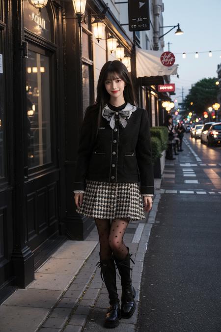 best quality, masterpiece, photorealistic, 1girl, solo, standing, long black hair, straight hair, blunt bangs, looking at viewer, smile, full body, dating attire, jacket, skirt, pantyhose, knee boots, in street, outdoors, cafe, shop, people, detailed background, night, <lora:dating_attire_style5_v1:0.7>