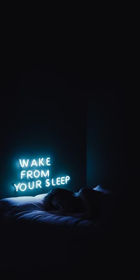 neon (\"Wake from your sleep, the drying of your tears\", TEXT LOGO),  (Double exposure:1.3) a bed, a girl dreaming, a spineless laugh, (art reminiscent of the graphic novel Sandman series, by Dave McKean), found photos and magazine clipping digitally painted on and spliced together