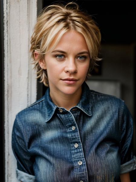 Realistic photo of a beautiful m3gr-v2 woman, 1girl, solo, short hair, blue eyes, blonde hair, brown hair, shirt, pants, lips, denim, t-shirt, jeans, realistic, soft lighting, professional Photography, Photorealistic, detailed, RAW, analog, sharp focus, 8k, HD, high quality, masterpiece<lora:m3gr-v2:1.0>