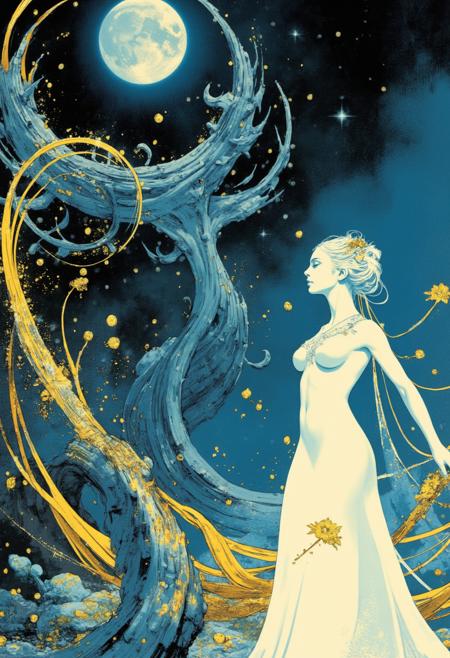 in the style of cksc, Frank Frazetta

A beautifully drawn contemporary illustration by Ryan Sook featuring a mysterious scene where swirling ethereal lines mimic the concept of a fantastical realm with a blend of surreal elements like flowing white and gold characters with intricate ornate patterns that suggest a sense of whimsy and wonder The palette includes deep blue and rich earth tones with subtle black and tulle details that add a modern touch The composition is intimately detailed and highly professional with smooth lines and sharp focus that bring out the intricate details in a vividly vibrant display that captures the essence of the best of contemporary illustration .


 An otherworldly atmosphere.
(Depth of field), low saturation,detail. mythp0rt, Stylish, charismatic. ,.
 
. 
  , dynamic pose
  

..
, . igiex. .UNI_SCI_FI_CORE. j-art, j_art, illustration-fen,
