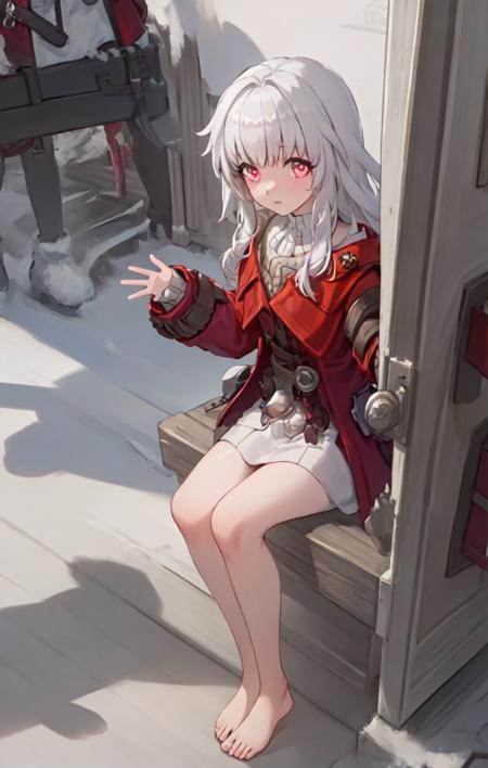 (best quality:1.3),(masterpiece:1.3),(illustration:1.3),(ultra-detailed:1.3),(imid shot:0.9),

1girl, solo, red jacket, sleeves past wrists, long hair,  barefoot, long sleeves, simple background, full body, coat, grey hair, looking at viewer, 
very young, upper body ,short neck, small breasts,

from side,from below,close-up, 

pink eyes, jewel-like eyes,

snowflakes, snow, forest, wooden floor, sunlight, morning,  log cabin