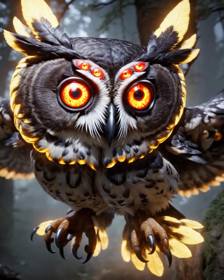 tatarimokke,owl,black and grey feathers,more eyes,golden glowing horns,red glowing eyes,flying,3 eyes,demon,yokai,realistic,epic,cinematic,masterpiece,best quality,16k,trending on artstation, <lora:niohxl-step00000300:1> in the style of niohxl