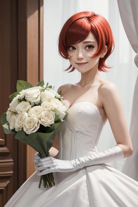 ((masterpiece,best quality)), absurdres,  BREAK,, <lora:Mars_Pokemon:0.8>, zzMars, red eyes, red hair, short hair, cowlick, , BREAK, bride, wedding dress, bridal veil, strapless dress, elbow gloves, holding bouquet,, BREAK, solo, smile, looking at viewer, cowboy shot,
