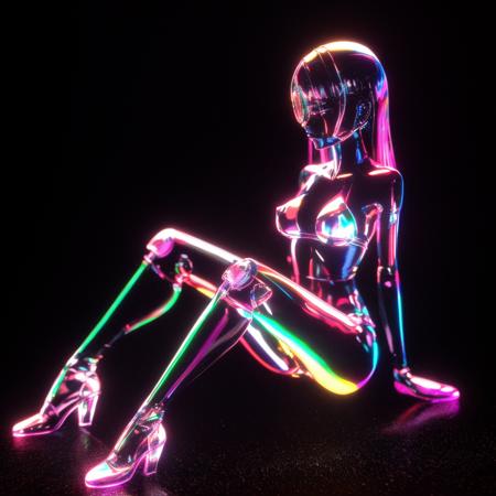 a (shineglasscd, neon lights, light particles, colorful:1.3, gradient, chromatic aberration) girl statue, sexy pose, long hair, bikini, sitting, (solo:1.2), <lora:shineglasscd-000027:0.7>, no humans, high quality, masterpiece, realistic, photorealistic, (dark background, lens flare, blurry, dof, full body)