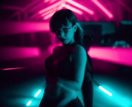 (motion blur, blurry, low shatterspeed:1.2), defocus, anamorphic lenses, flares, highlights, elegant posing photo of a woman standing in a dark room with blue lights, cyberpunk art by Elsa Bleda, neoism, dark dance photography aesthetic, cinematic light lighting, darkness aura red light,  <lora:Prismatia_yiu_v10:0.7>