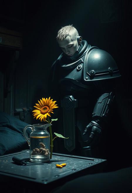 in the grim darkness of the far future there is only war.
but one single UltraM40k boy stands in his small dark room and waters his tiny Sunflower on the metal table next to his black bedroll. cold dimm light illuminates the trist room and his grim but somehow happy look. his power armor is clean and shows every detail and every crack and bullet hole from the fights he has barely won. sharp shadows empowering the contrast of the low angle shot,. Shot with a full-frame DSLR, 85mm lens at f/1.8 for shallow depth of field, ISO 400, 1/100 shutter speed. Cold dimm light enhanced with slight post-processing contrast boost and neutral tone grading. balancing sci-fi horror with dark fantasy. dark gothic warhammer30k theme.
