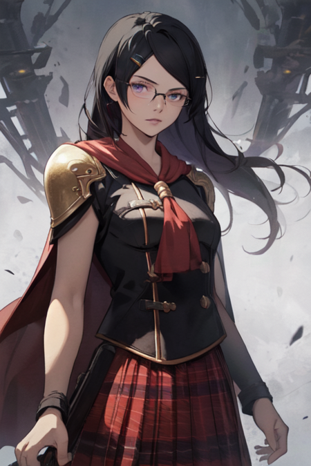 QueenFF, 1girl, solo, long hair, skirt, black hair, red cape, armor, plaid skirt, purple eyes, hairclip, shoulder armor, glasses, school uniform, 