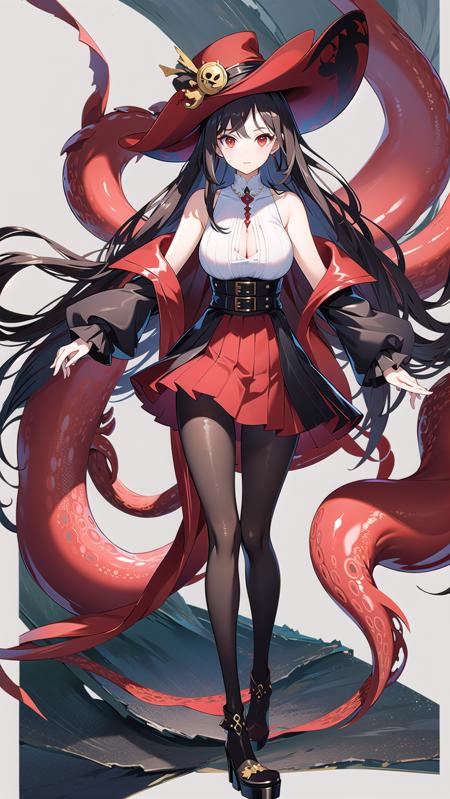 masterpiece, best quality,royalfortune(azur lane), 1girl, red eyes, tentacles, torn clothes, pantyhose, breasts, black hair, red skirt, book, jacket, solo, skirt, black jacket, torn pantyhose, boots, sleeveless, white shirt, shirt, long hair, standing, looking at viewer, hat, large breasts, open clothes, bare shoulders, black pantyhose, full body, black headwear, belt, open jacket, off shoulder, high heels, pirate hat, <lora:RoyalFortune-000007:0.8>  <lora:GoodHands-vanilla:1>, scenery, background,