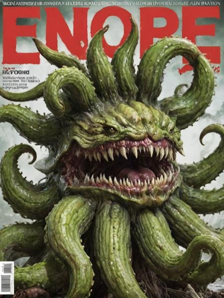 a green (morbol:1.5) with sharp teeth sporting an epic tentacle (beard and mustache:0.5) posing as a (model:0.5) on a magazine, composition, cover magazine, professional photo,  <lora:- SDXL -_ff_morbol_V1.0:.7>, <lora:- SDXL - brdanmu_ beard_mustache_V1.0:0.9>