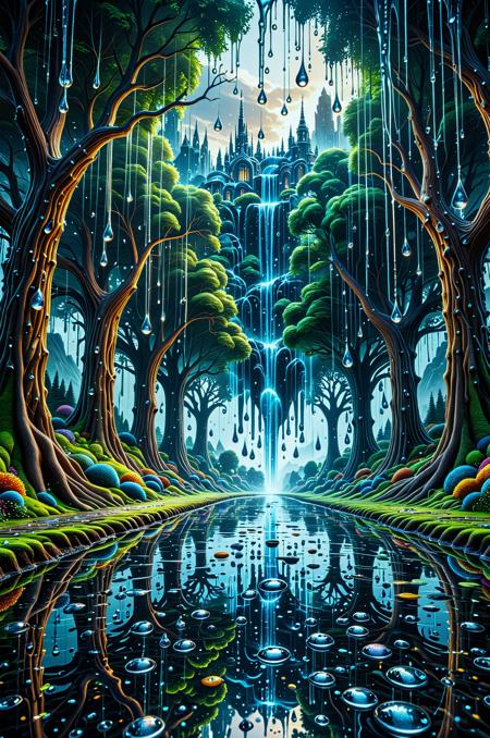 tearStyle2 SDXLposXL, Dreamscape mapping illustration style of the entire landscape morphing from solid form into flowing tears, buildings melting into streams, trees dissolving into drips, ground rippling like water, surreal environmental transformation, emotional dreamscape, visualizes dreamlike landscapes and surreal environments, uses imaginative and abstract elements, dynamic composition, professional-grade execution, captures the essence of the subconscious mind, evokes a sense of wonder and mystery,