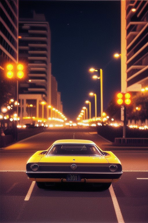 The racing car on the street, night lights, 1970, midnight, megapolis