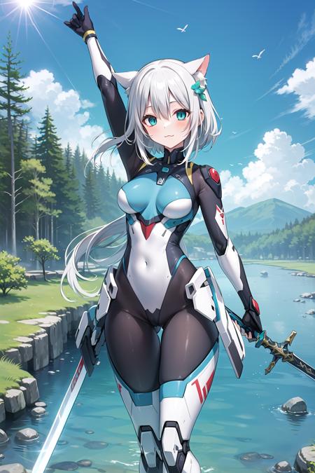 masterpiece, best quality, lens flare, depth of field,
1girl, flower hair ornament,white hair, cat ears, aqua eyes, mecha musume, mecha, Mecha clothing, tight bodysuit, holding weapon, holding sword, big sword, sword up, excalibur, evil smile, :3,
scenery, outdoors, sky, day, tree, cloud, mountain, grass, landscape, blue sky, house, nature, building, water, bird, fantasy, cliff, road, castle, forest, river, hill, town, path, waterfall,