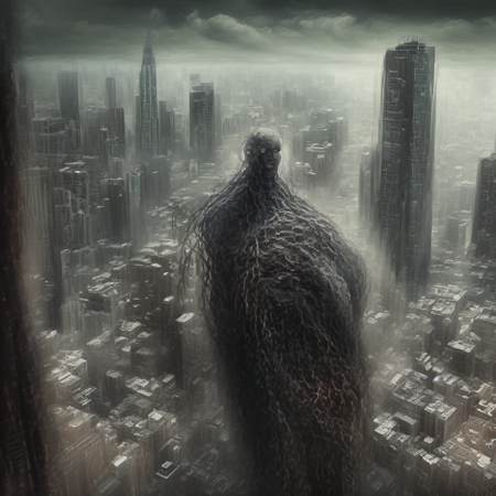 photo, a strange looking creature standing in the middle of a city (megademons style:1) <lora:djzMegaDemonsV21:1>