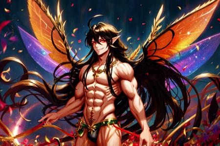 <lora:GoodHands-vanilla:1>, Fairy Forest, Fairy Theme, Fairytale,
1boy, Fairy, Fairy Wings, Big Wings, colorful wings, very long hair, black hair, black thong with gold rim, muscular, glowing red eyes, evil smile,