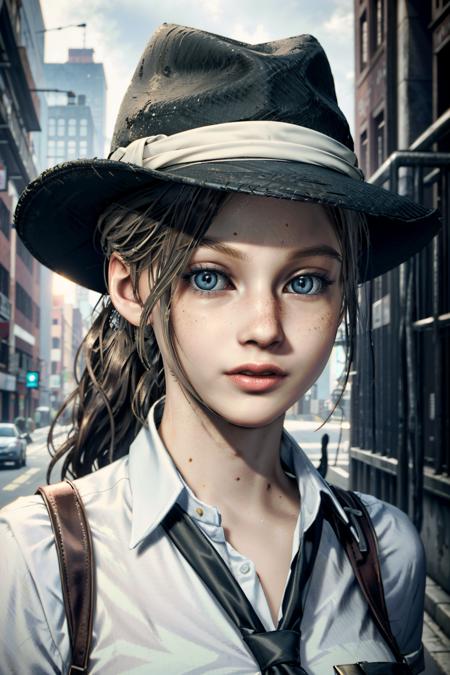 (masterpiece, best quality)
ClaireRedfield, 1girl, solo, looking at viewer, blue eyes, brown hair, shirt, hat, white shirt, upper body, parted lips, necktie, collared shirt, lips, suspenders, black necktie, freckles, realistic
<lora:epi_noiseoffset2:1>,  <lora:add_detail:0.5>,  <lora:ClaireRedfield:0.9>