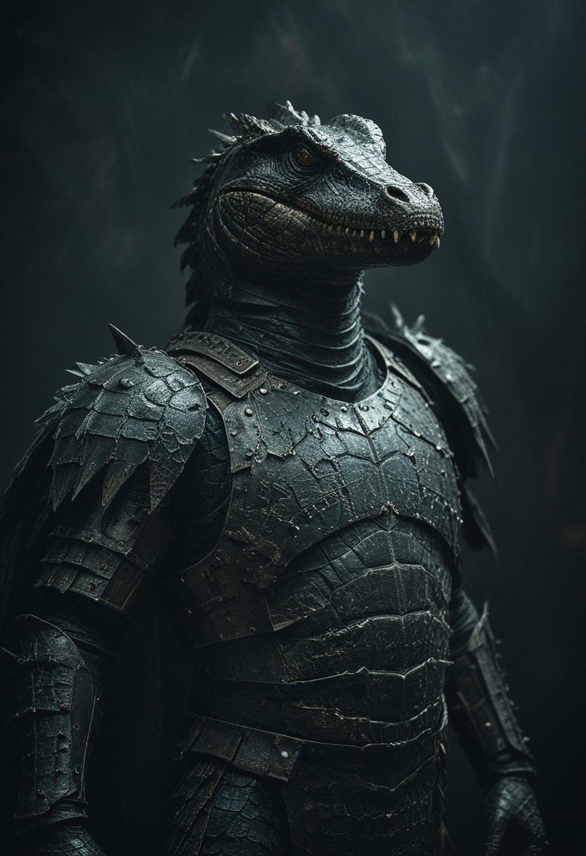 a wild black crocodile in iron armour, large black wings, studio background, high-contrast palette, subtle grain, cinematic quality, modern art photograph, looking at viewer