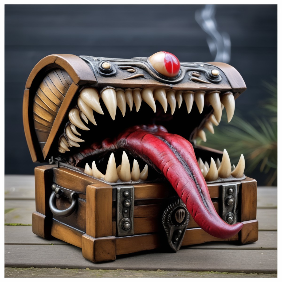 A vintage wooden treasure chest monster with a large tongue and teeth, medium: hyper-realistic photography, style: inspire...