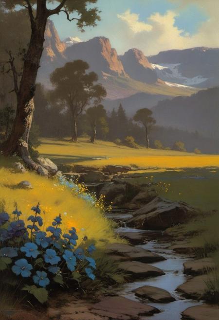 muted color, enticing moody painting with no people by Frank frazetta with visible paint strokes, imposing best quality, dappled light, landscape, oil painting, 3 point perspective, perfect, 4k quality, masterpiece, best quality, lush flowers, impressionistic