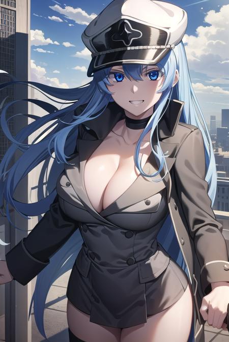 esdeath, <lora:agk esdeath s1-lora-nochekaiser:1>,
esdeath, blue eyes, blue hair, long hair, smile, grin,
BREAK boots, choker, cleavage, collarbone, hat, ice, military, military uniform, peaked cap, thigh boots, thighhighs, uniform,
BREAK outdoors, city, building, sky, sun, clouds, people, crowd,
BREAK looking at viewer, (cowboy shot:1.5),
BREAK <lyco:GoodHands-beta2:1>, (masterpiece:1.2), best quality, high resolution, unity 8k wallpaper, (illustration:0.8), (beautiful detailed eyes:1.6), extremely detailed face, perfect lighting, extremely detailed CG, (perfect hands, perfect anatomy),