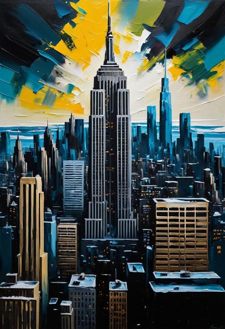 Moody abstract detailed expressionist inspired by the spontaneous gestures of Bob Ross, Bob Ross style, no humans, empire state building