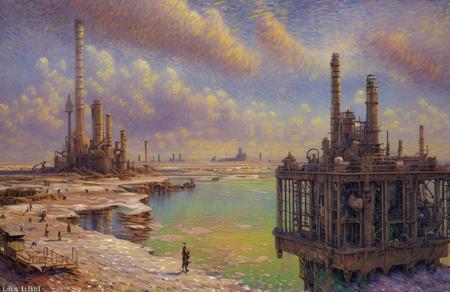 (impressionism:1.15), salt flat, Cliff/Bluff, industrialism, steampunk city scene, (bob layzell:1), rural, scene painting,scenery,a painting, <lora:å·¥ä¸è¸æ±½:0.2>,