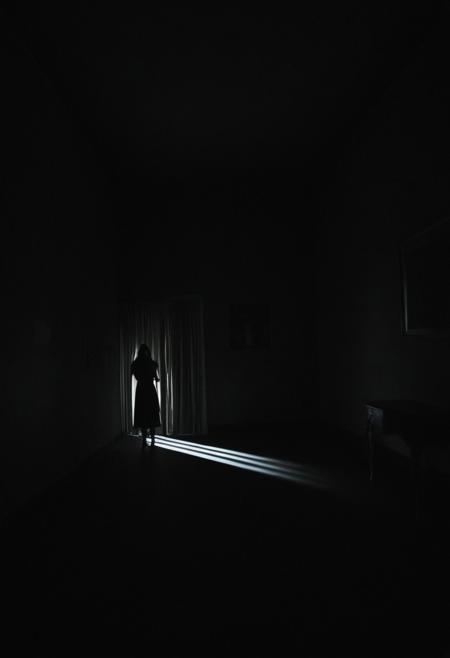 The room gradually transforming into a dark, twisted version of her reality, with shadows creeping closer, symbolizing her entrapment