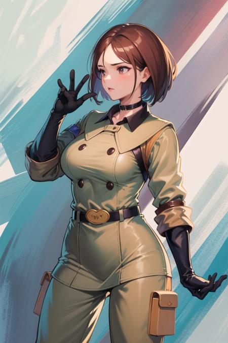 (masterpiece, best quality, high resolution, unity 8k wallpaper, extremely detailed CG:1), (illustration:1.0), 1girl,solo,  whipms, gloves, uniform, military, military uniform,belt, choker, pants, <lora:WhipMS:1>