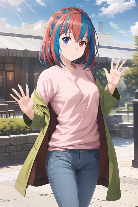 masterpiece, best quality, official art, aged up Alear_F, solo, medium hair, crown braid, jeans, open coat, green coat, heterochromia, waving, outdoors, pink shirt<lora:Alear_F:1>