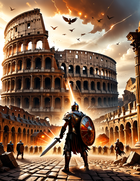 lazympos,high_quality,highres,beautiful,detailed,(masterpiece, best quality:1.2),absurdres,8k,HDR,retro,
brown Colosseum background of a brown city (fantasy). In the center of background a brown Ancient Roman gladiators,
with winged helmet,brown shield in left hand and a warhammer glowing with red energy Pointing high into the air.,
<lora:EpicF4nta5yXL:0.5>,<lora:SDXLFaeTastic2400:0.3>,<lora:lazympos:1>,<lora:dvr-rst:0.8>,dvr-rst