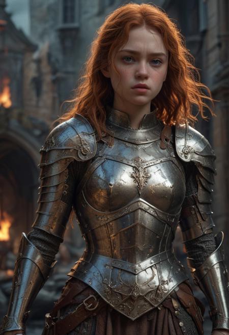 High resolution ultra-realistic of Beautiful Warrior Sadie Sink as Joan of Arc, 8k, capturing the intensity of the moment, cinematic lighting, standing on a bloody and stormy battlefield in bloody battle, wavy black hair, realistic dirty pale face, realistic brown eyes,  beautiful hourglass figure, burning in a medieval Town, intricately designed iron and silver armor, Dark Ages Aesthetic, perfect athletic figure, beautiful Warrior Joan of Arc, fire, ultra realistic, cinematic style, vigorous and seductive, athletic figure, dark fantasy, dramatic lighting, wet and sweaty skin, dirty skin, athletic figure, dark fantasy, dramatic lighting, Greg Rutkowski style,, Warrior Joan of Arc on in iron armor, hyper-detailed, hyper-realistic, bright colours, Attractive 21 old years girl, Attractive, beautiful firm Breasts, sharp focus, digital painting, Photograph Taken on Nikon D750, Alphonse Mucha, 8K, athletic figure, Hyperdetailed, hyperrealism, Attractive, Attractive bust girl, asymmetric balance