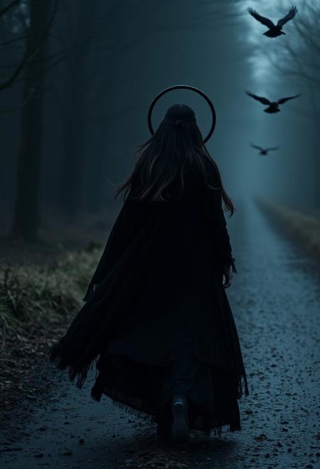 Close up shot: She spoke to me, approaching me
On a road so dark and dreary
Her black halo walked by me
Disappearing so far behind
She travelled not alone
An old wife followed on her side
And snakes crawled behind her steps
And crows circled overhead