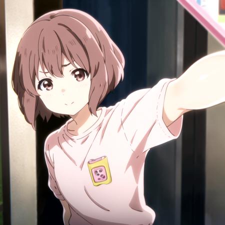 best quality,Nishimiya,1girl,selfie,angry,solo,looking at viewer,short hair,brown hair,brown eyes,pink shirt  short sleeves ,upper body, <lora:ShoukoNishimiya :0.7>