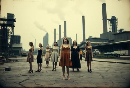 Surreal industrial landscape with towering mills looming in the background. Multiple women stand in the foreground, each with a distinct presence—some poised and confident, others seemingly caught in moments of carelessness or distraction. One woman, though appearing secondary, holds an air of subtle victory, quietly triumphant amidst the chaos. The scene is tinged with vintage vibes, captured like an antique ambrotype photograph. The surroundings show signs of neglect—cracked pavement, scattered debris, and muted colors—enhancing the moody, overcast atmosphere, with the girls’ forms creating a delicate contrast against the harsh industrial backdrop.