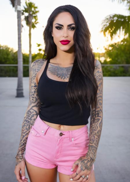 <lora:Alecia_Mixi_Demmer:1>, <lora:epi_noiseoffset2:1>,
photo of beautiful Alecia_Mixi_Demmer, medium hair, perfect brown eyes, gazing at viewer, perfect hands,  intricate details, highly details, bokeh, photography, pouting seductively, (detailed skin), [[[light freckles]]], [[[imperfect skin]]], high frequency details,
Alecia_Mixi_Demmer posing for a picture wearing white t shirt, pink shorts, a polaroid photo, black hair, brown eyes, jewelry, lips, lipstick, long hair, looking at viewer, makeup, pink shorts, realistic, smile, solo, standing,
 (cinematic lighting:1.1), ornate, cold colors, (backlighting:0.5), full body, (photo of face, focus on face),  shallow depth of field, vignette, highly detailed, high budget Hollywood film, bokeh, cinemascope, moody, epic, gorgeous, film grain,