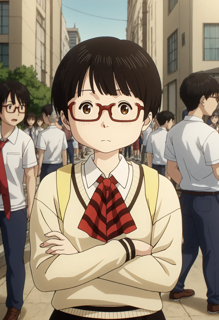 dededede-kadode, black hair, short hair, brown eyes, glasses, school uniform, ascot, yellow sweater, black skirt, black socks, brown shoes, 