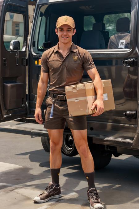 standing beside a delivery truck, BradHunter, smiling, ups-outfit, shorts, belt,, polo shirt, hat, holding box, brown socks, sneakers, (((full body portrait))), wide angle  <lora:BradHunter:0.8>  <lora:Clothing - Sexy Delivery Man - UPS:0.65>