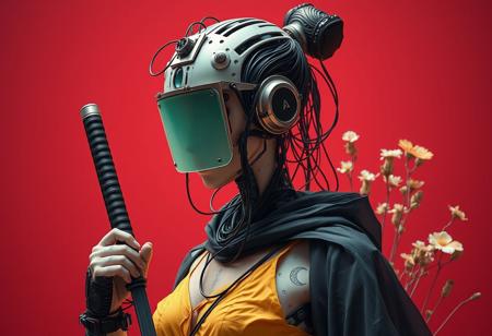 Create an extrahart, brave perspective, mystical, and high-resolution image of an female humanoid robot Samurai wearing a headgear with intricate mechanical translucent jade screen covering the eyes, Made from Sci-fi components, with outworn translucent black linen cape. The character should be depicted in a manga cover style with wealthy portraiture and poster art elements. The image should feature rich colors and high contrast, focusing on the best quality, official art, and a beautiful and aesthetic appearance. wired-cyborg, upper body shot, a man with hairbun, half the face is made of wires and cables and translucent hoses. Use a movie perspective and an advertising style, similar to a magazine cover. The cyborg samurai should be shown solo, wearing flamboyant clothes and armor, holding a sheathed katana, and standing in a cowboy shot pose. The robot should have neon green and yellow hip-hop clothes, tattoos, muscular abs, shoulder armor, and dry flowers in the background. Emphasize a samurai theme with a red background and floral elements.