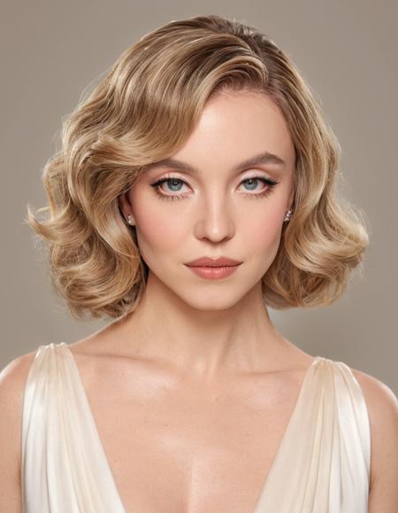 Create a high-resolution, hyper-realistic artistic fashion portrait of a woman with an elegant, sophisticated look. The model has a serene and graceful expression, with a soft yet confident gaze that radiates elegance and poise. The lighting is soft but precise, highlighting the contours of their face and the texture of their hair, creating a balanced and polished effect. Their makeup is refined, with a natural glow to the skin, softly defined eyes, and a delicate lip color that complements the overall soft and elegant look. The hair is styled in loose, flowing waves or soft curls, gently framing the face and falling naturally around the shoulders, giving a sense of effortless beauty. The outfit is chic and elegantâthink a flowing dress or tailored ensemble that exudes timeless sophistication. The overall feel should be timeless and graceful, combining elegance, simplicity, and high fashion