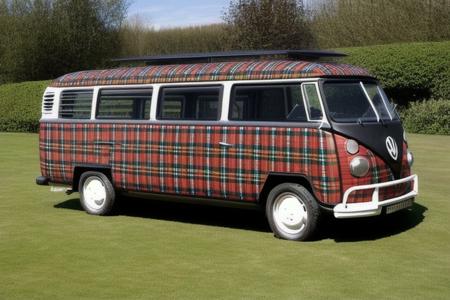 diagonal red and black plaid painted VW Microbus, three quarters view, whole car  view  <lora:rbp_v1:1.1> rbp