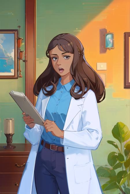 <lora:priyanka_maheswaran:0.8>, priyanka maheswaran, masterpiece, best quality, 1girl, solo, brown hair, long hair, open mouth, dark skin, shirt, blue shirt, indoors, labcoat, long sleeves, belt, dark-skinned female, parody, upper body, black eyes