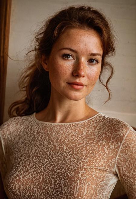 A beautiful 35mm photo of a 30 year old Dutch woman, ((silk bodysuit)), ((full body:1.2)), she has a comely face, shy smile, in love, pale skin, very dark eyes, chocolate brown hair, straight hair, 70's fringe, ponytail, beautiful mouth, long face, narrow chin, freckles on nose, birthmarks on stomach, she is slim, natural tits, perfectly shaped tits, pubic hair, ultra realistic, extremely detailed, highly detailed eyes, realistic eyes, highly detailed skin, realistic skin, in a lovely Bed and Breakfast in Bruges, happy, beautiful sky, soft natural light, golden hour light, autumn, perfect light, Rembrandt style light, 8k resolution, masterpiece, 35mm, Hasselblad, film grain, (ultra high res:1.2),(photo-realistic:1.3) (skin pores:1.1)