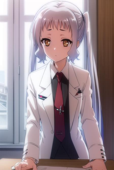 korewaariel, <lora:korewa ariel s2-lora-nochekaiser:1>,
ariel, long hair, twintails, (brown eyes:1.5), white hair,
BREAK necktie, red necktie, labcoat, (white labcoat:1.5), shirt, black shirt, collared shirt,
BREAK indoors, classroom,
BREAK looking at viewer, (cowboy shot:1.5),
BREAK <lyco:GoodHands-beta2:1>, (masterpiece:1.2), best quality, high resolution, unity 8k wallpaper, (illustration:0.8), (beautiful detailed eyes:1.6), extremely detailed face, perfect lighting, extremely detailed CG, (perfect hands, perfect anatomy),