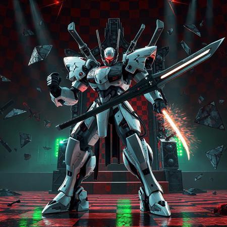 "A futuristic Superheavy Samurai Magnet robot in a dynamic battle stance, white-and-gray armored body with glossy metallic textures, dual katanas (large on right arm, smaller on left), and a crimson visor glowing with energy. Against a Nightmare Throne backdrop of red-black checkered patterns and floating geometric debris, evoking a surreal cyberpunk arena. Stylized with sharp mecha design, Octane Render gloss, and Unreal Engine 5 realism. Hyper-detailed surfaces: scratched armor, neon circuit lines, and plasma energy radiating from blades. Cinematic lighting—dramatic shadows and volumetric beams—accentuates the samurai’s poised stance and the throne’s ominous depth. Color palette: monochrome steel with red accents, juxtaposed against acidic green glows in the background. Influenced by Ghost in the Shell mecha aesthetics and Katsuhiro Otomo’s industrial art. Trending on ArtStation, 8K HDR, golden ratio framing, Dutch angle composition. Matte painting layers blend 3D CGI and traditional ink splatter effects for raw intensity.