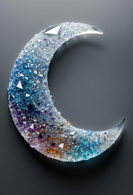<cs-cr1stal-v2:1.5>, <novuschroma54 style:0.15>, a highly detailed model of a crescent moon made entirely of ((raw natural formation) of translucent (crystals:1.15)), high contrast, vivid colours, (path traced lighting), (dappled_lighting:1.3), lighting from above, celestial bodies, (crystal clear), simple background, dark background, jagged edges,