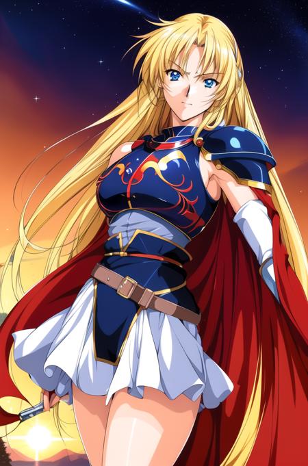 Outdoor,sunset, twilight,Castle,red_sky,sunlight, sunrise, backlighting,cloud, cloudy_sky,mountainous_horizon, orange_sky,
Standing at attention,diffraction_spikes, glint,sparkle,
blue and red outfit,Blue_armor, (shoulder_armors:1.5), armored dress, armored boots, miniskirt,red and blue_cape,white_gloves,belt,
<lora:Sharon_Words_Worth-KK77-V1:0.75>,<lora:Front_Innocent_repack-KK77-V1:0.1>,
blonde_hair,long_hair,blue_eyes,
1 girl, 20yo,mature female,Beautiful Finger,Beautiful long legs,Beautiful body,Beautiful Nose,Beautiful character design, perfect eyes, perfect face,
looking at viewer,  (big_eyes:1.0),(Light_smile:0.7),
NSFW,official art,extremely detailed CG unity 8k wallpaper, perfect lighting,Colorful, Bright_Front_face_Lighting,
(masterpiece:1.0),(best_quality:1.0), ultra high res,4K,ultra-detailed,
photography, 8K, HDR, highres, absurdres:1.2, Kodak portra 400, film grain, blurry background, bokeh:1.2, lens flare, (vibrant_color:1.2)
(Beautiful,large_Breasts:1.4), (beautiful_face:1.5),(narrow_waist),