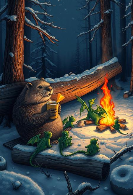 During a dark snowy night a  big beaver sitting nearby fallen tree next to  a  big campfire and  eating a sandwich with cheese  and holding a cup of tea, sitting with a group of little green dragons with dark green wings , with details, snow, snowy, winter forest, vivid colors, realistic details seen under an electron scanning microscope