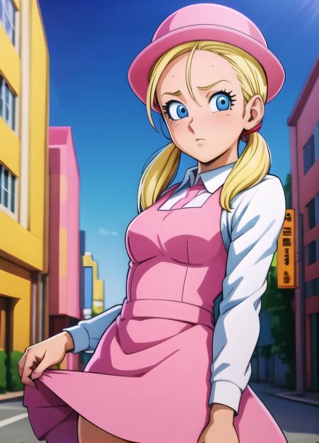 masterpiece, best quality, highest quality, photorealistic, perfect anatomy, perfect face, perfect eyes,
<lora:marondbgt_ex_01:0.7>, marondbgt, 1girl, pink dress, blonde, pink headwear,  blue eyes, solo, twintails, white shirt, collared shirt, low twintails, sexy pose, city