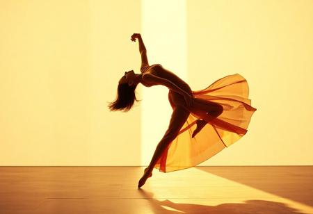 A contemporary dance photograph capturing a figure in motion with a curvaceous silhouette, styled in avant-garde haute couture. The pose features a graceful bend, emphasizing organic form against a minimalist backdrop. Shot with an 85mm f/1.4 lens, using shallow depth of field and golden-hour hues for warmth. Inspired by Helmut Newton's chiaroscuro and Art Deco geometry, rendered as a 4K hyperrealistic digital painting. Subtle motion blur adds dynamism, while soft-focus textures and metallic accents introduce futurism. Context: editorial fashion spread for Vogue Italia, 2023.