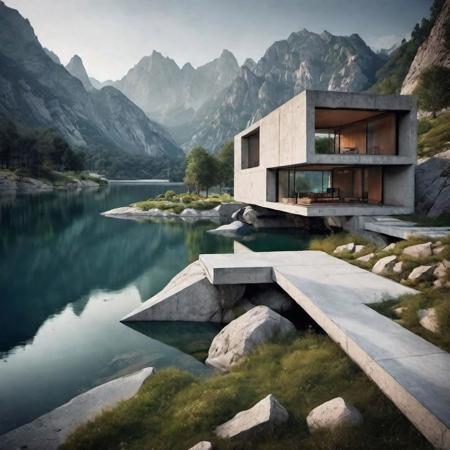 beautiful landscape where future architecture blends with nature
mountains lakes concrete