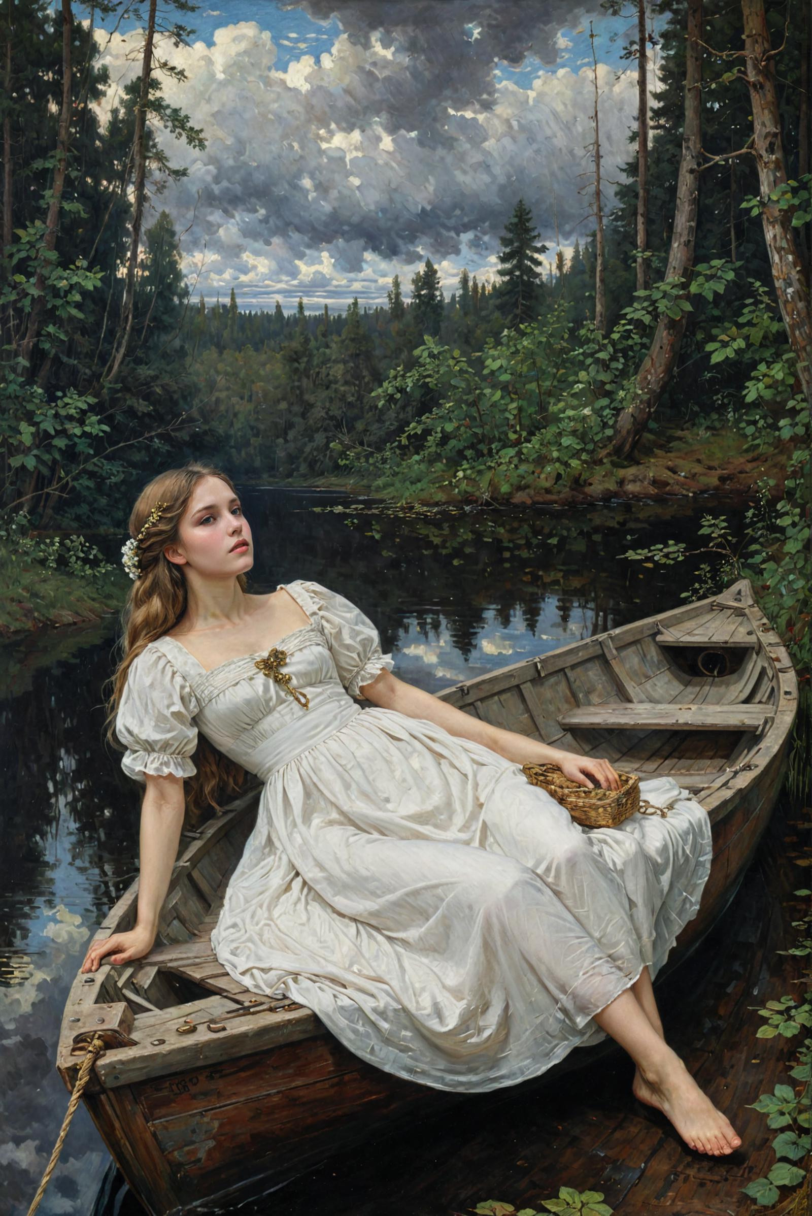 A woman in a white dress sitting in a wooden boat near a forest.